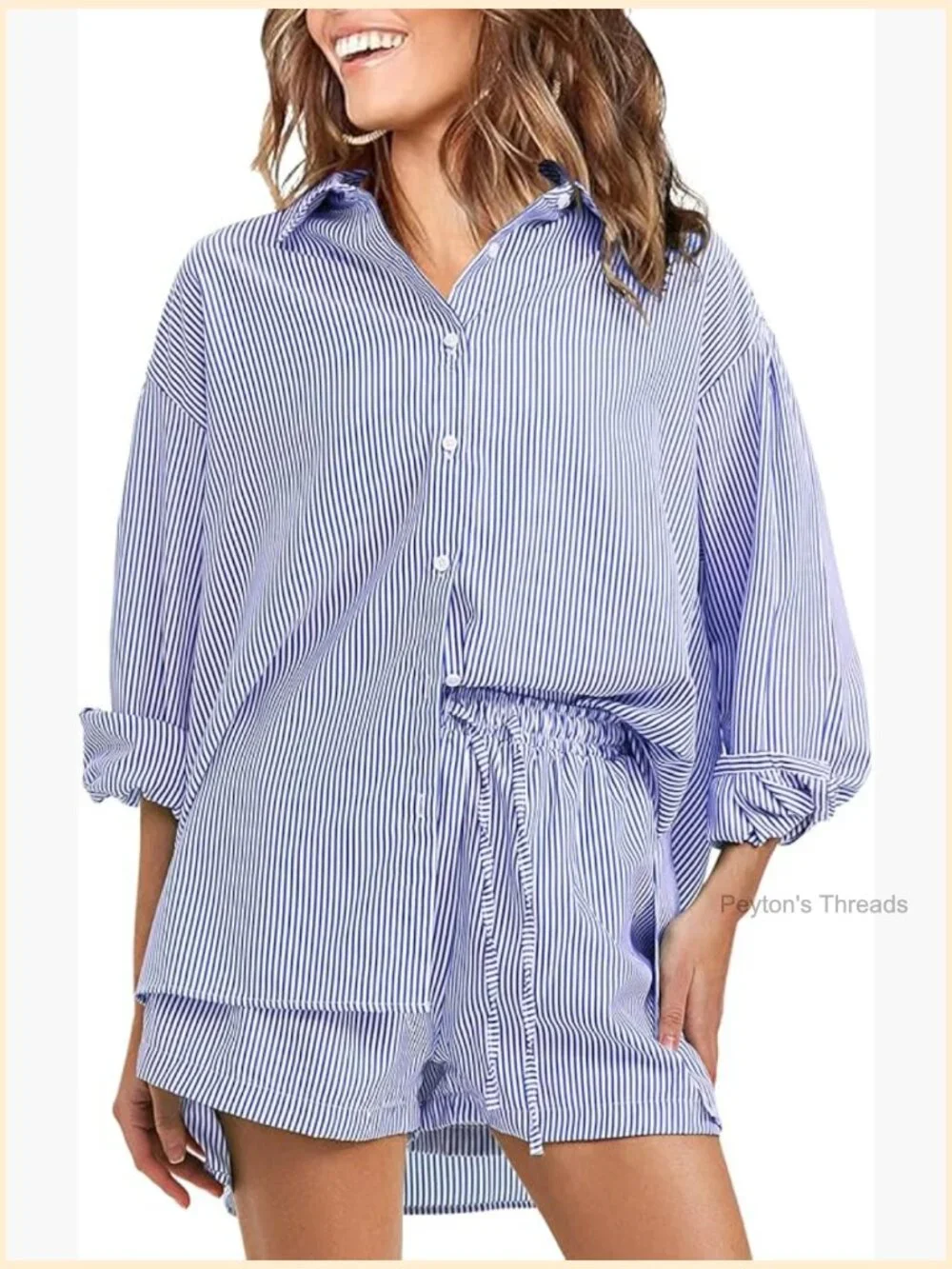 Cotton 2 Piece Set Long Sleeve Button Down Shirt Matching Shorts Lounge Set